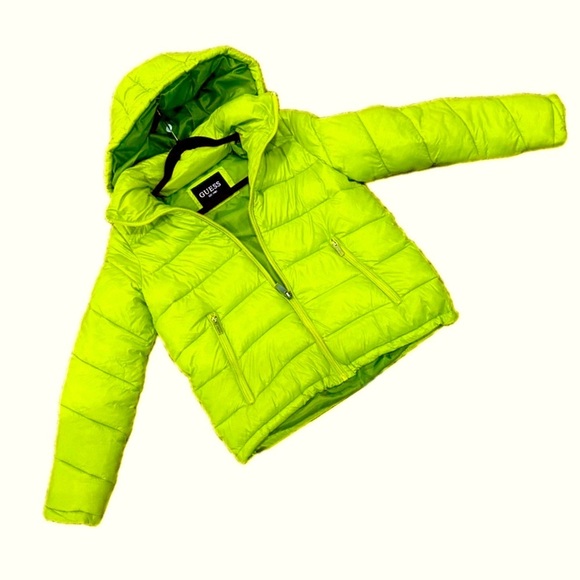 🧥🎿 GUESS Neon Green‎ Quilted Puffer Jacket | Sz M | Hooded Ski Snowboard USA - Picture 5 of 10